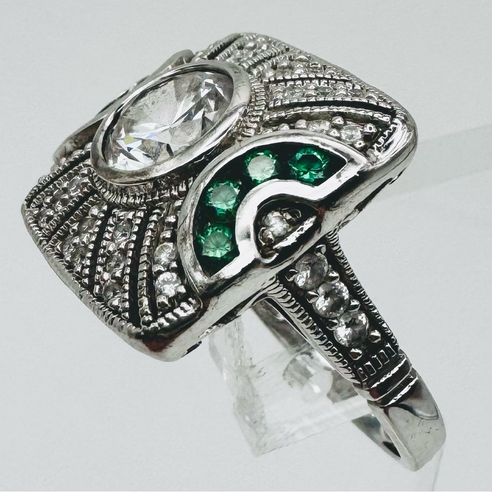 VTG NWT Diamonique Art Deco Ring Size 5 NEW Diamond Emerald Look Accents LUXE